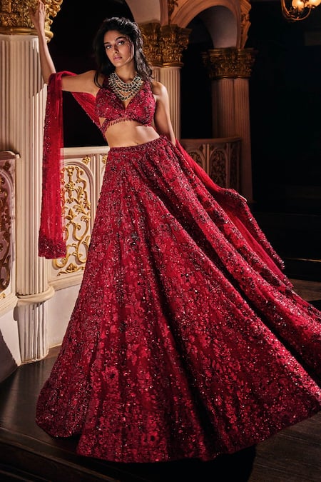 Shop_Seema Gujral_Maroon Net Crystal, Sequin, Beads Plunge V Neck Embroidered Bridal Lehenga Set _Online_at_Aza_Fashions