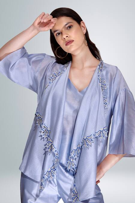 Betrue_Blue Embroidered Cape With Spaghetti Inner _Online_at_Aza_Fashions