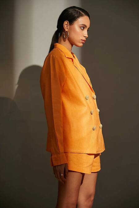 Buy_Betrue_Orange Cotton, Linen Spice Double Breasted Blazer And Shorts Set _Online_at_Aza_Fashions