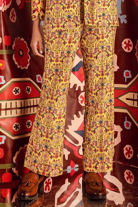 Betrue_Yellow Handloom Cotton, Silk Tabriz Print Pant _Online_at_Aza_Fashions