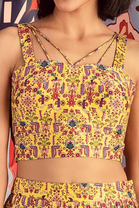 Betrue_Yellow Handloom Cotton, Silk Square Neck Tabriz Print Bustier _Online_at_Aza_Fashions