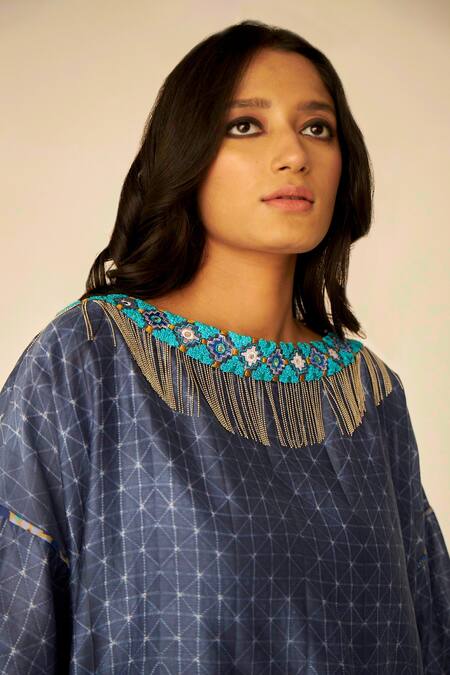 Betrue_Blue Chanderi Cotton, Silk Beads, Mirrors, Beaded Fringe Neckline Top And Pant Set _Online_at_Aza_Fashions