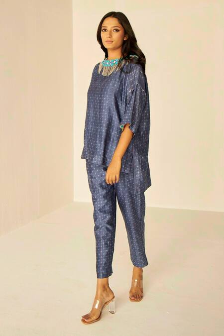 Buy_Betrue_Blue Chanderi Cotton, Silk Beads, Mirrors, Beaded Fringe Neckline Top And Pant Set _Online_at_Aza_Fashions