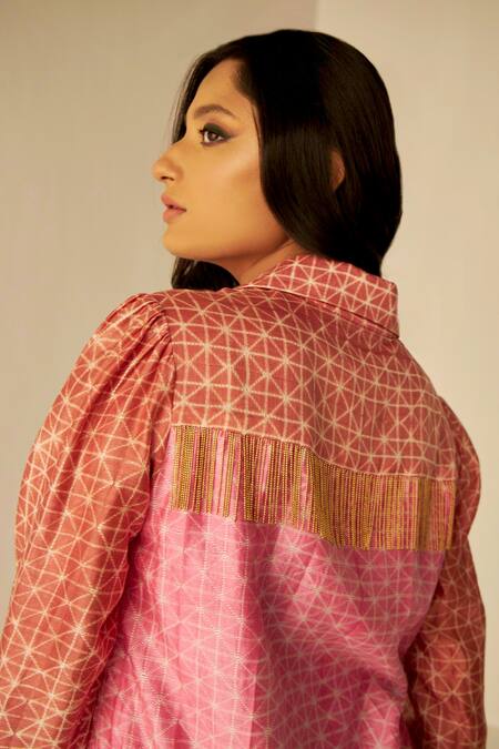 Betrue Orange Chanderi Cotton, Silk Hand Tie And Dye Shibori Pattern Shirt & Pant Set Online at Aza Fashions Betrue_Orange Chanderi Cotton, Silk Hand Tie And Dye Shibori Pattern Shirt & Pant Set _Online_at_Aza_Fashions