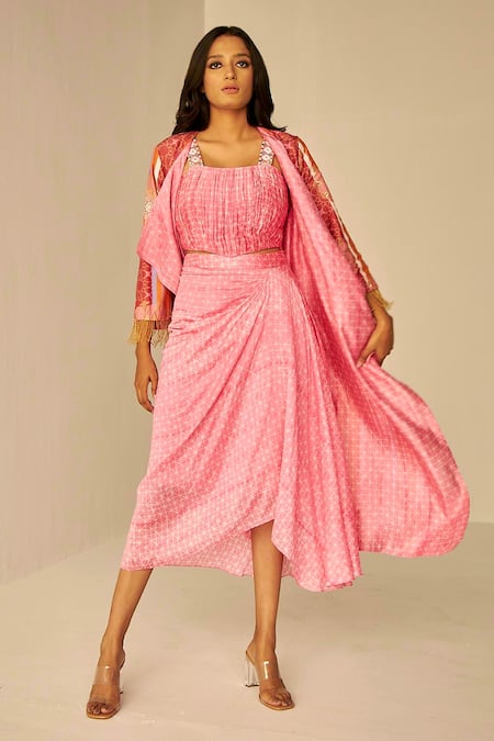 Betrue_Pink Chanderi Cotton, Silk Embroidery Reversible Bukhara Print Cape Skirt Set _Online_at_Aza_Fashions