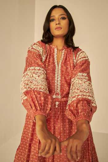 Betrue_Orange Chanderi Cotton, Silk Embroidery Split Handcrafted Shibori Pattern Dress _Online_at_Aza_Fashions