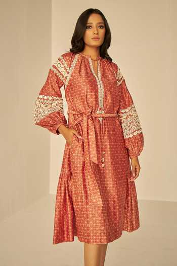 Buy_Betrue_Orange Chanderi Cotton, Silk Embroidery Split Handcrafted Shibori Pattern Dress _Online_at_Aza_Fashions