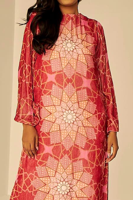 Buy_Betrue_Orange Velvet Embroidery Round Neck Bukhara Pattern Maxi Dress _Online_at_Aza_Fashions