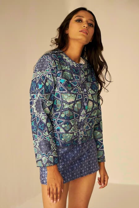 Betrue_Blue Chanderi Cotton, Silk Embroidery Geometric Pattern Jacket And Short Skirt Set _Online_at_Aza_Fashions