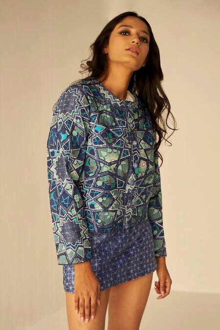 Betrue_Blue Satin, Chanderi Geometric Pattern Jacket Short Skirt Set _Online_at_Aza_Fashions