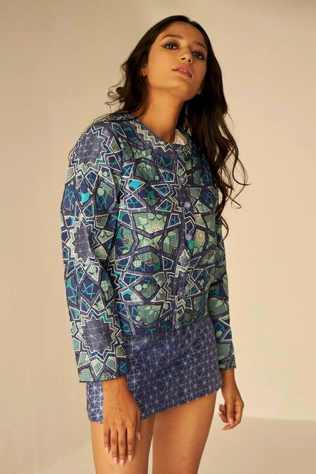 Shop_Betrue_Blue Satin, Chanderi Geometric Pattern Jacket Short Skirt Set _Online_at_Aza_Fashions