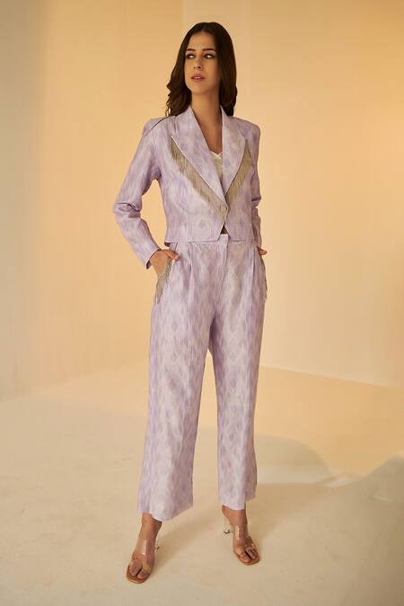 Betrue_Purple Cotton, Silk, Hand Tie-dye Shibori Jacket And Pant Set _Online_at_Aza_Fashions