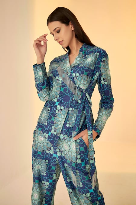 Betrue_Blue Cotton, Silk Collared Printed Wrap Jacket And Pant Set _Online_at_Aza_Fashions