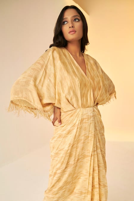 Betrue_Beige Cotton, Silk Chains Plunge Shibori Pattern Drape Dress _Online_at_Aza_Fashions