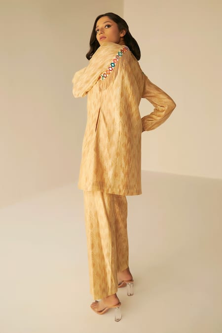 Betrue_Beige Chanderi Cotton Silk Embroidered Hand Tie-dye Top And Pant Set  _Online_at_Aza_Fashions