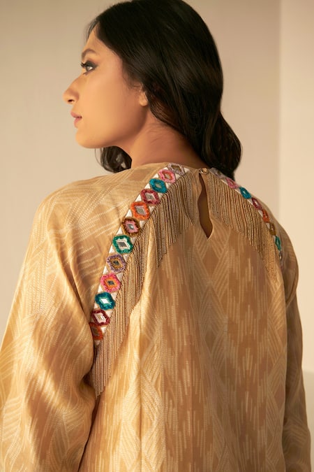 Shop_Betrue_Beige Chanderi Cotton Silk Embroidered Hand Tie-dye Top And Pant Set  _Online_at_Aza_Fashions