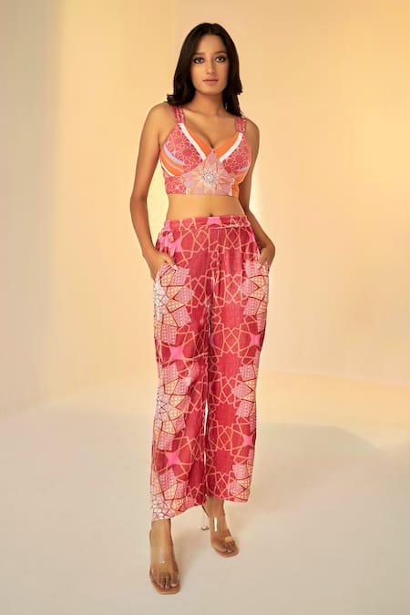 Betrue_Orange Velvet, Net Embroidery Collared, Floral And Geometric Print Jacket Pant Set _Online_at_Aza_Fashions