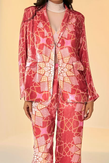Buy_Betrue_Orange Velvet, Net Embroidery Collared, Floral And Geometric Print Jacket Pant Set _Online_at_Aza_Fashions