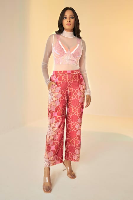 Shop_Betrue_Orange Velvet, Net Embroidery Collared, Floral And Geometric Print Jacket Pant Set _Online_at_Aza_Fashions