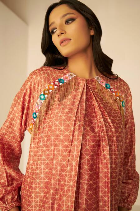 Betrue_Orange Chanderi Cotton Chains, Tie And Dye Shibori Pattern Top & Pant Set _Online_at_Aza_Fashions