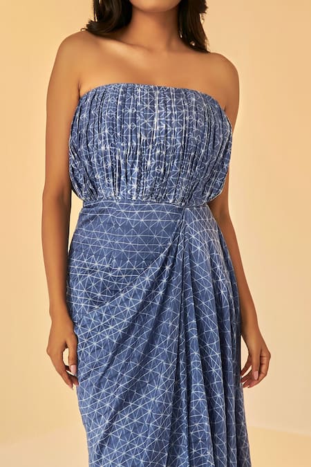 Betrue_Blue Cotton, Silk Off-shoulder Draped Tube Dress _Online_at_Aza_Fashions