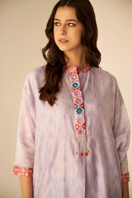 Betrue_Purple Chanderi Silk Chains, Stones Placket Embroidered Straight Top And Pant Set _Online_at_Aza_Fashions