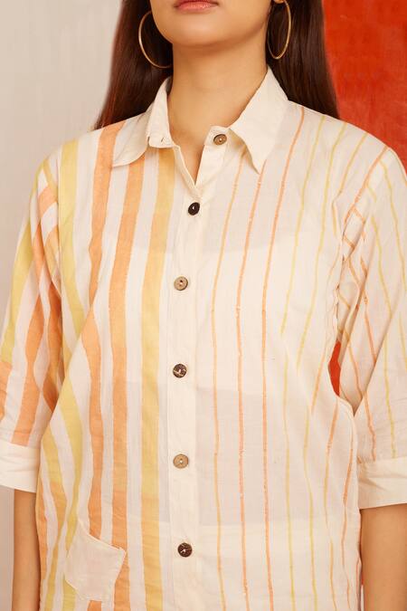 Buy Banana Labs White Cotton Collared Zesty Hand Block Striped Print Shirt And Pant Set Buy_Banana Labs_White Cotton Collared Zesty Hand Block Striped Print Shirt And Pant Set