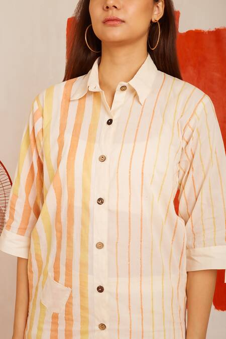 Banana Labs White Cotton Hand Block Print Striped Collared Neck Zesty Shirt Online at Aza Fashions Banana Labs_White Cotton Hand Block Print Striped Collared Neck Zesty Shirt_Online_at_Aza_Fashions