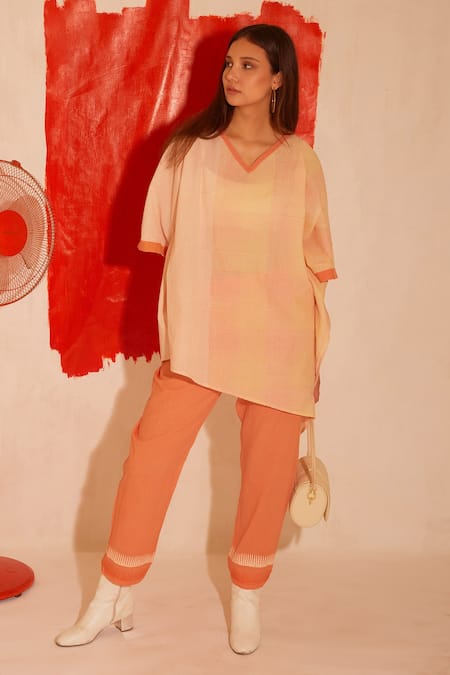 Banana Labs Orange V-neck Hand Block Print Kaftan And Pant Set Online at Aza Fashions Banana Labs_Orange V-neck Hand Block Print Kaftan And Pant Set _Online_at_Aza_Fashions