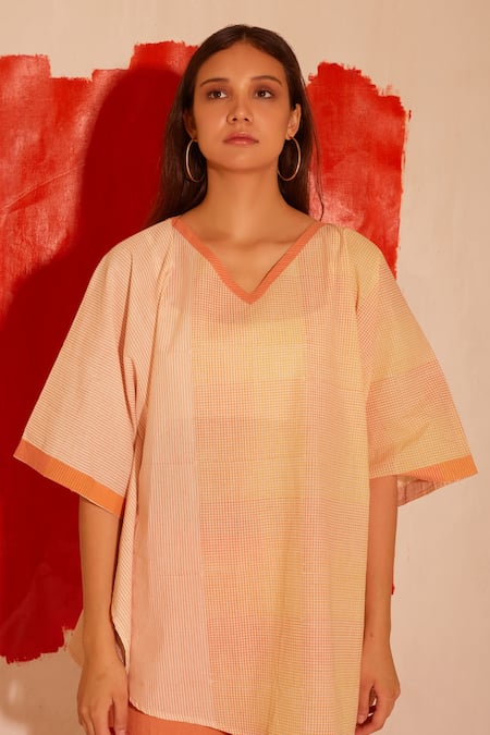 Buy Banana Labs Orange V-neck Hand Block Print Kaftan And Pant Set Online at Aza Fashions Buy_Banana Labs_Orange V-neck Hand Block Print Kaftan And Pant Set _Online_at_Aza_Fashions