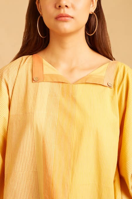 Banana Labs Yellow Collared Striped Hand Block Print Kaftan And Pant Set Online at Aza Fashions Banana Labs_Yellow Collared Striped Hand Block Print Kaftan And Pant Set _Online_at_Aza_Fashions