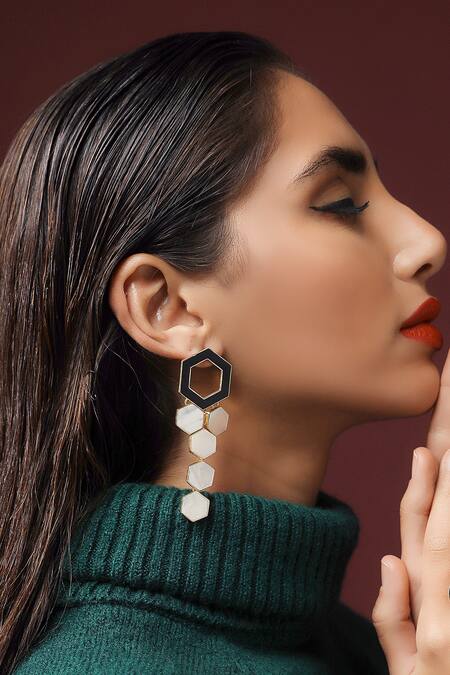 Shop_Varnika Arora_Enamel And Mother Of Pearl Evelyn Tiered Earrings _Online_at_Aza_Fashions