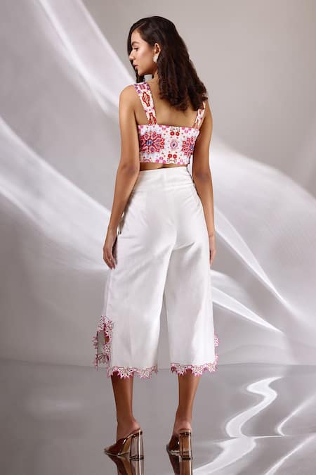 Shop_Betrue_White Chanderi Silk Embroidered Scallops Wide Legged Culotte  _Online_at_Aza_Fashions