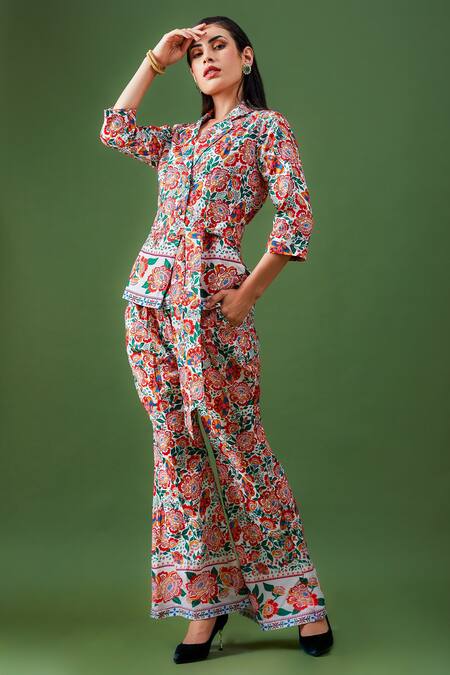 Fuga_Multi Color Cotton Embroidery Vanilla Blush Flower Print Blazer And Pant Set_Online_at_Aza_Fashions