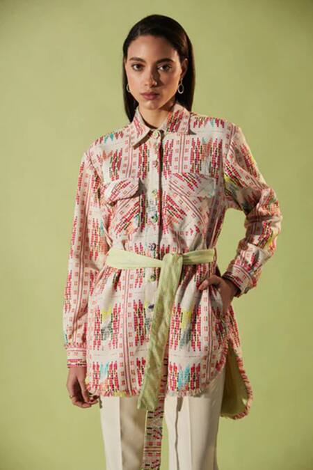 Betrue_Off White Cotton, Acrylic Embroidery Shawl Neck Cross Stitch Safari Tunic _at_Aza_Fashions