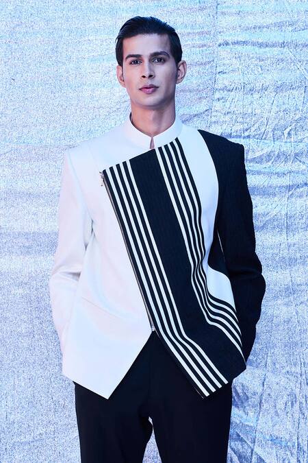 Line Out Line_White Cotton Geometric Panel Bandhgala_Online_at_Aza_Fashions