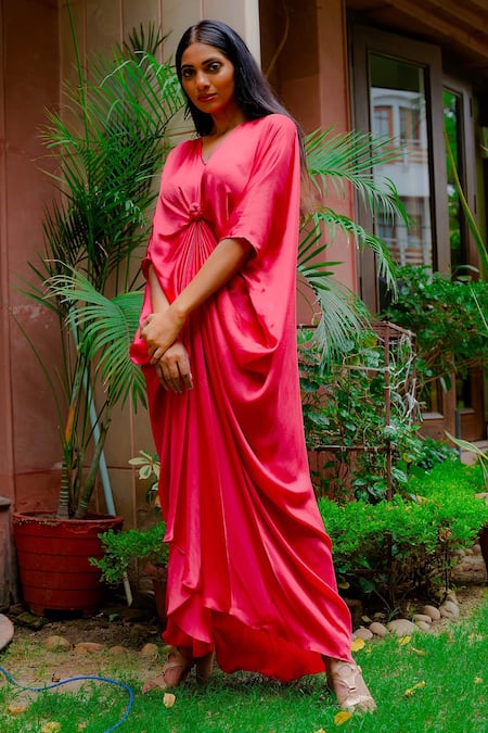 Omana By Ranjana Bothra_Coral Satin Embroidery V-neck Knotty Cowl Draped Kaftan _Online_at_Aza_Fashions