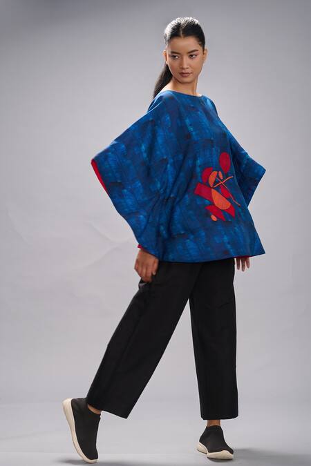 Buy_Taika By Poonam Bhagat_Blue Silk Embroidery Round Neck Printed And Poncho _Online_at_Aza_Fashions