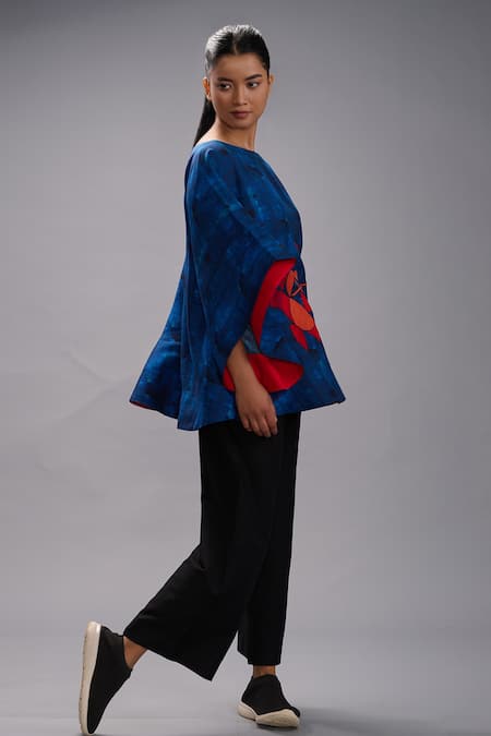Shop_Taika By Poonam Bhagat_Blue Silk Embroidery Round Neck Printed And Poncho _Online_at_Aza_Fashions