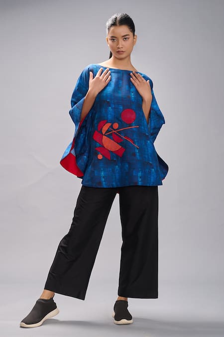 Taika By Poonam Bhagat_Blue Silk Embroidery Round Neck Printed And Poncho _at_Aza_Fashions