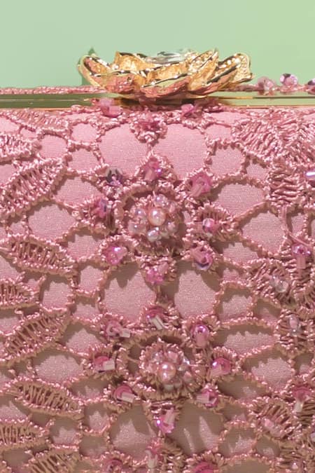 Amyra Pink Embroidery, Crystals Cordon Flower Capsule Clutch Online at Aza Fashions Amyra_Pink Embroidery, Crystals Cordon Flower Capsule Clutch_Online_at_Aza_Fashions