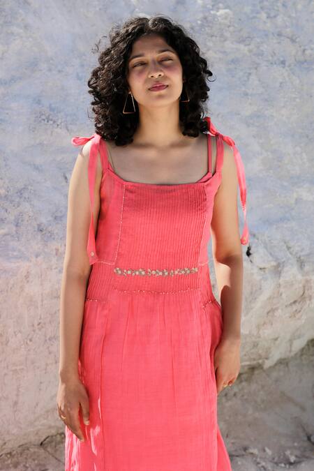 Tatwa Coral Handloom Cotton, Viscose Embroidery, Zari, Sleeveless Pintuck Dress Online at Aza Fashions Tatwa_Coral Handloom Cotton, Viscose Embroidery, Zari, Sleeveless Pintuck Dress _Online_at_Aza_Fashions