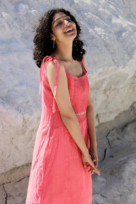 Buy Tatwa Coral Handloom Cotton, Viscose Embroidery, Zari, Sleeveless Pintuck Dress Online at Aza Fashions Buy_Tatwa_Coral Handloom Cotton, Viscose Embroidery, Zari, Sleeveless Pintuck Dress _Online_at_Aza_Fashions