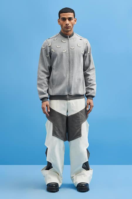 Siddhant Agrawal_Grey Denim Cranes Bomber Jacket _Online_at_Aza_Fashions