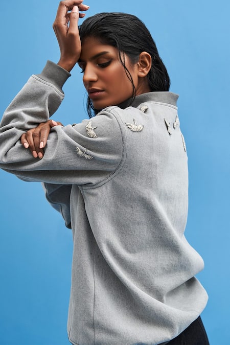 Siddhant Agrawal_Grey Denim Embroidery High Neck Crane Bomber Jacket _Online_at_Aza_Fashions