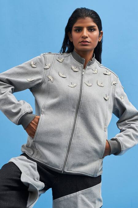 Shop_Siddhant Agrawal_Grey Denim Embroidery High Neck Crane Bomber Jacket _Online_at_Aza_Fashions