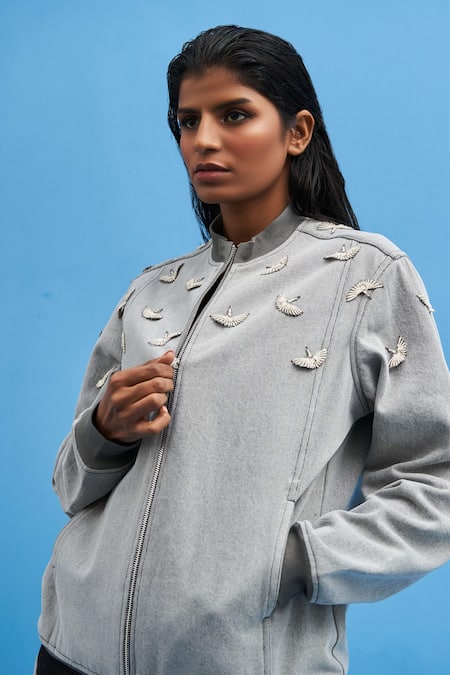 Siddhant Agrawal_Grey Denim Embroidery High Neck Crane Bomber Jacket _at_Aza_Fashions