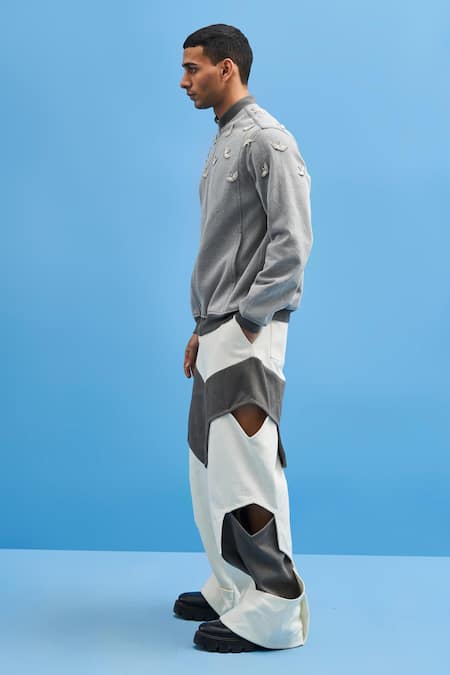 Buy_Siddhant Agrawal_Grey Denim Cranes Bomber Jacket _Online_at_Aza_Fashions