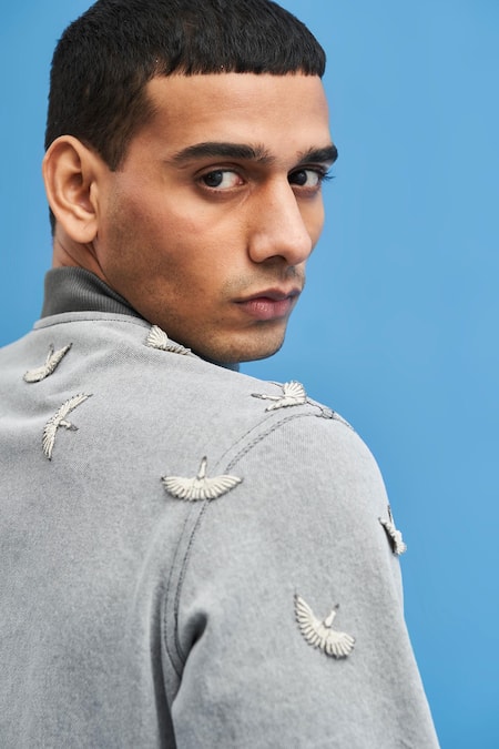 Shop_Siddhant Agrawal_Grey Denim Cranes Bomber Jacket _Online_at_Aza_Fashions