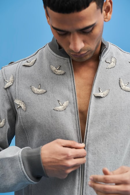 Siddhant Agrawal_Grey Denim Cranes Bomber Jacket _at_Aza_Fashions